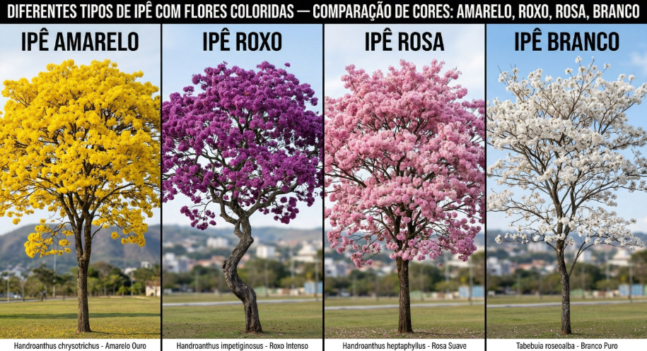 Diferentes tipos de ipê com flores coloridas — comparação de cores amarelo roxo rosa branco