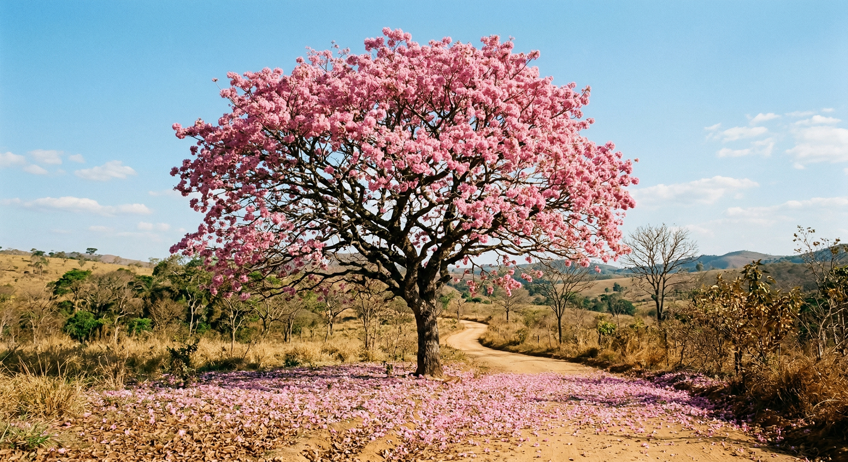 Quando o ipê floresce — árvore sem folhas coberta de flores rosas mostrando caducifolia