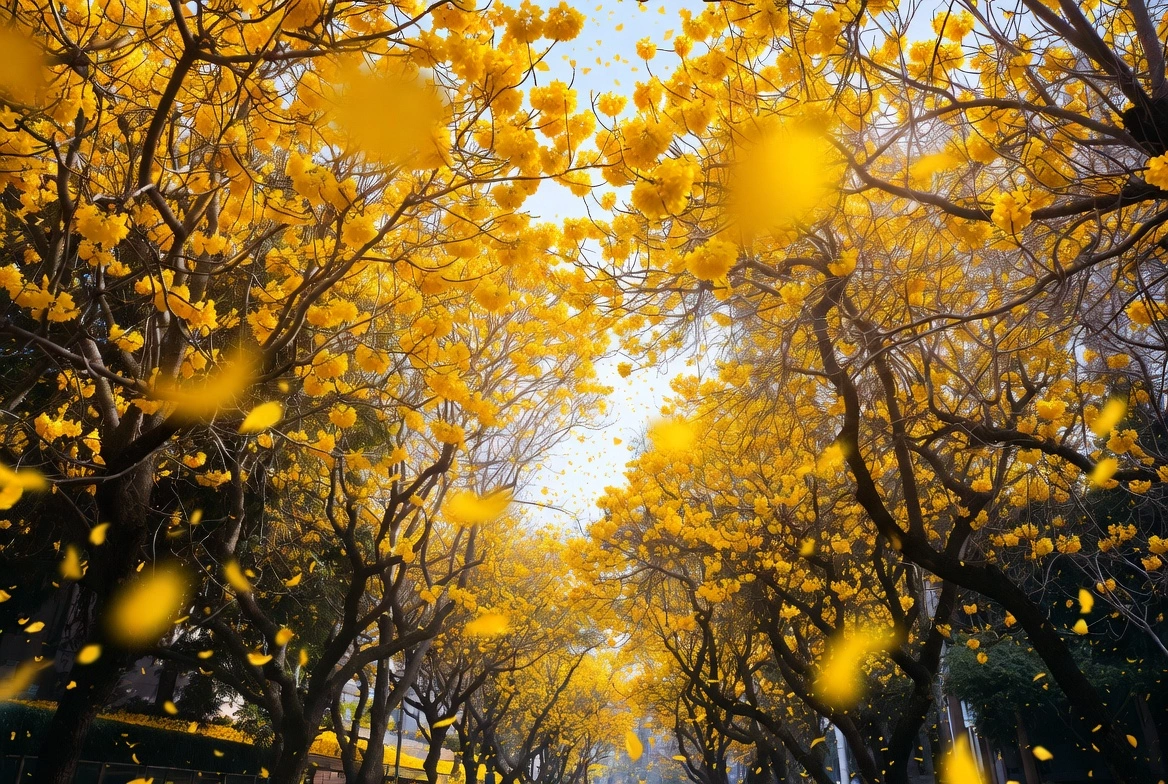 Quando o ipê amarelo floresce — flores douradas em galhos sem folhas durante o inverno
