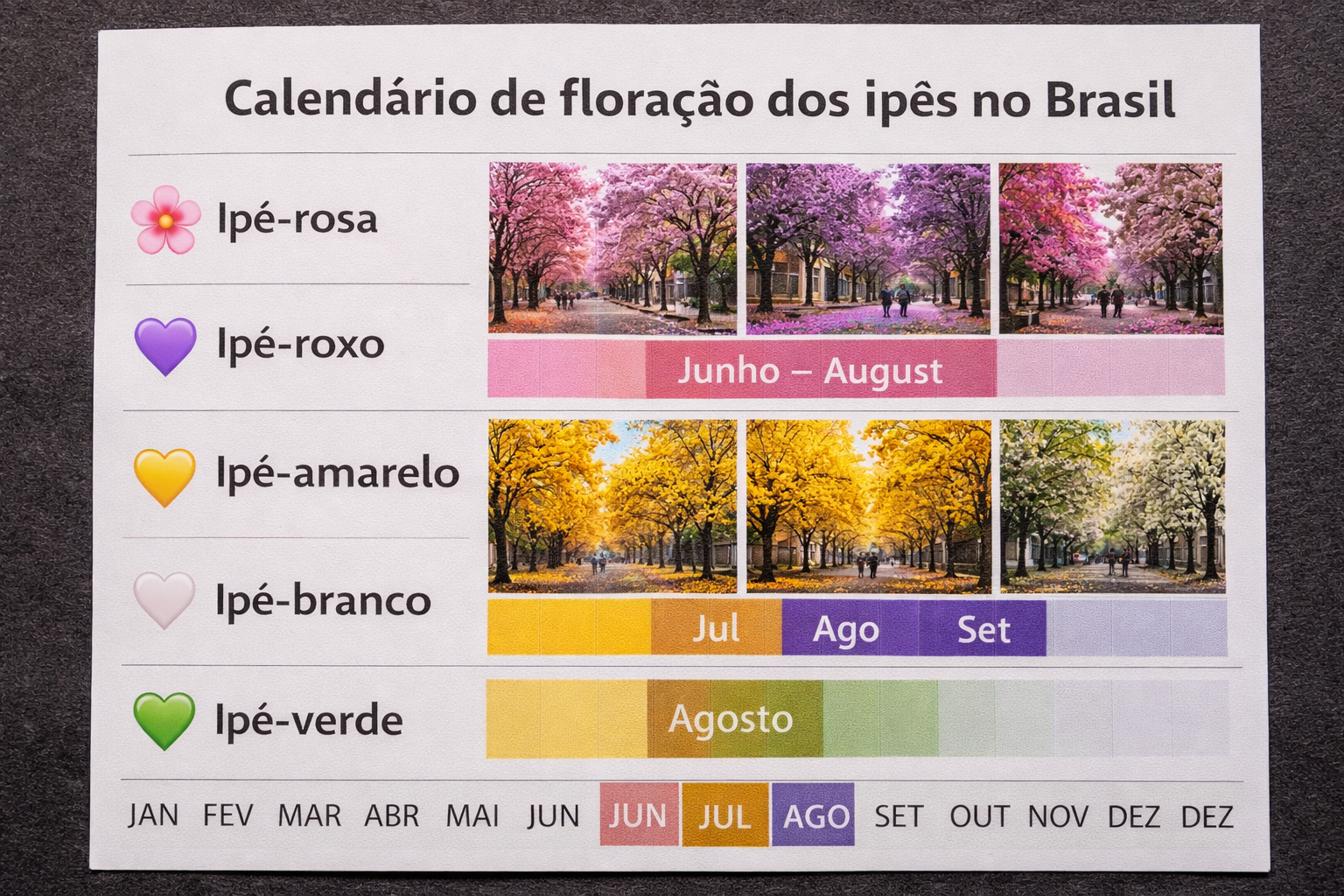 Calendário de quando o ipê floresce — árvores floridas em cores variadas no Brasil