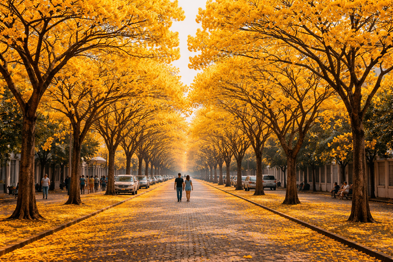 Quando o ipê floresce — rua com ipês amarelos floridos no inverno brasileiro
