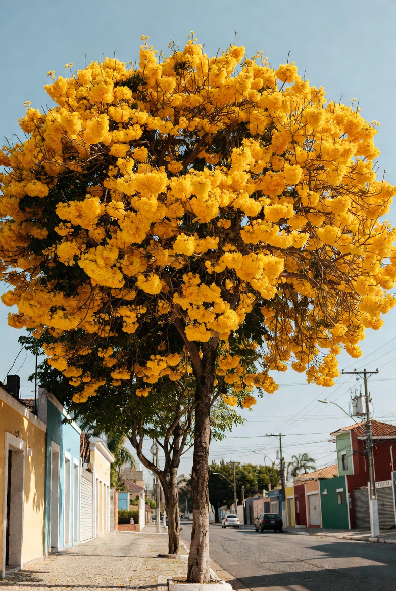 Tipos de ipê amarelo florido em rua urbana no Brasil — árvore símbolo nacional